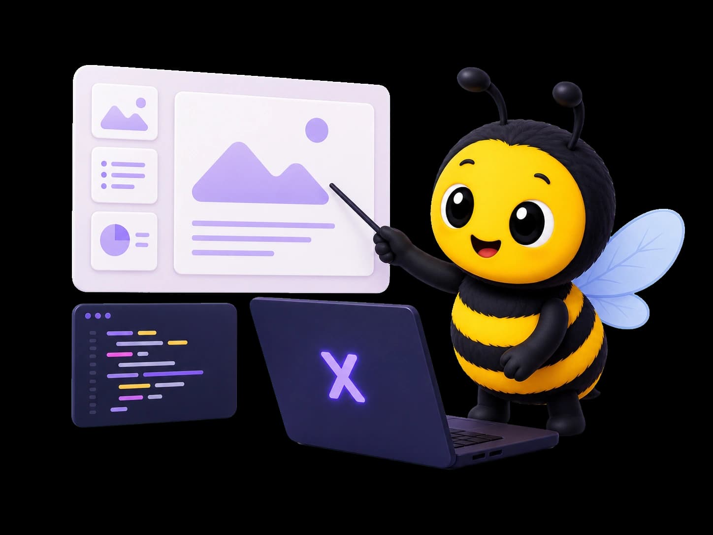 Dex, the Honeydeck bee mascot, presenting a slide deck workflow.